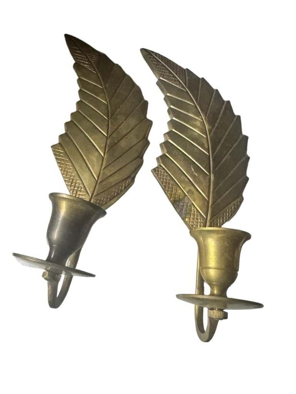 Vintage Gatco Solid Brass Leaf Feather Wall Sconces with candle holder Set of Tw